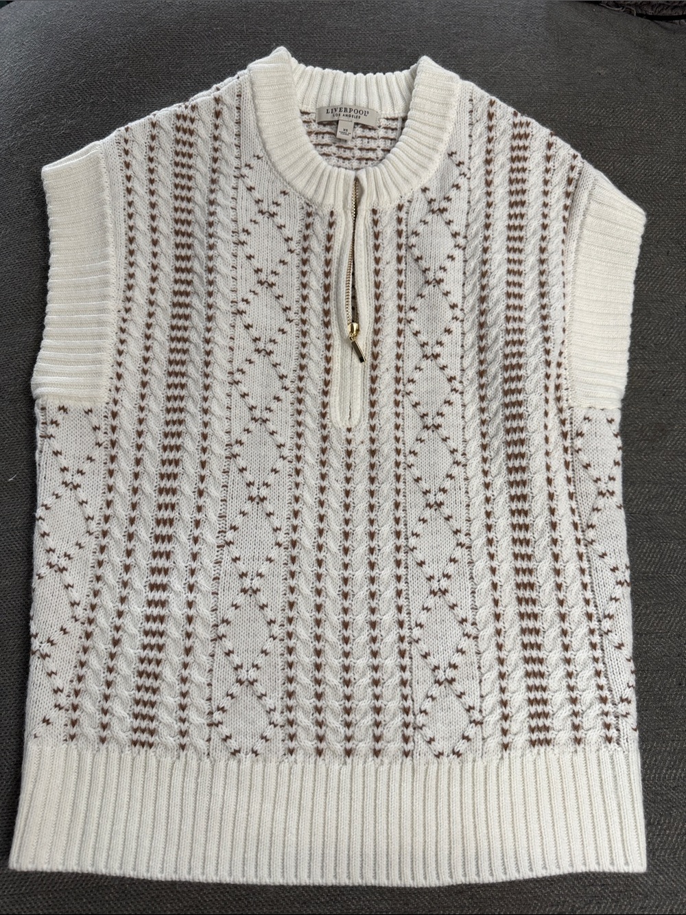 Liverpool Cream and Brown Sleeveless Knit Vest with Half-Zip